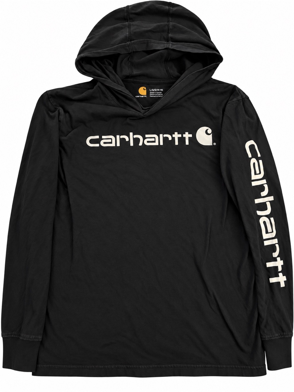 Carhartt Black Hooded Long-Sleeve Logo Tee size large 14-16